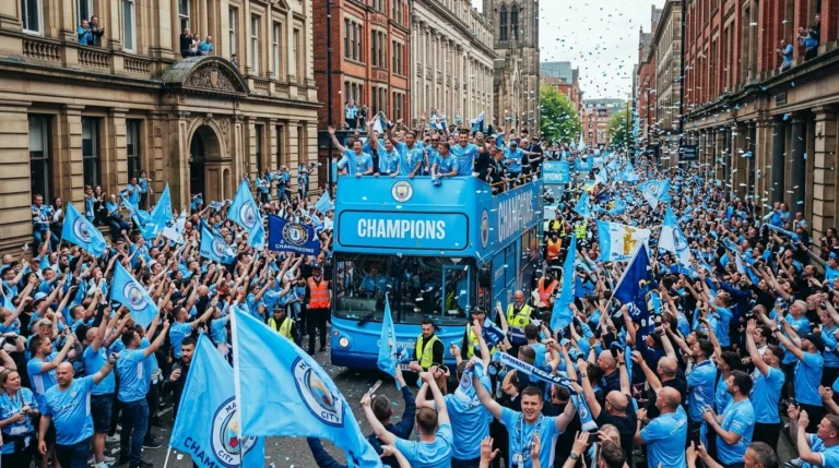 Manchester City players celebrate on a blue bus surrounded by thousands of fans waving flags.