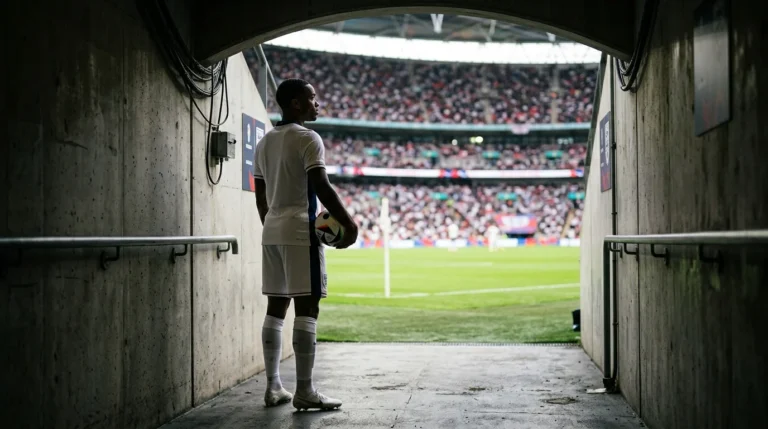 A soccer player in white uniform stands in a tunnel looking towards a packed stadium.