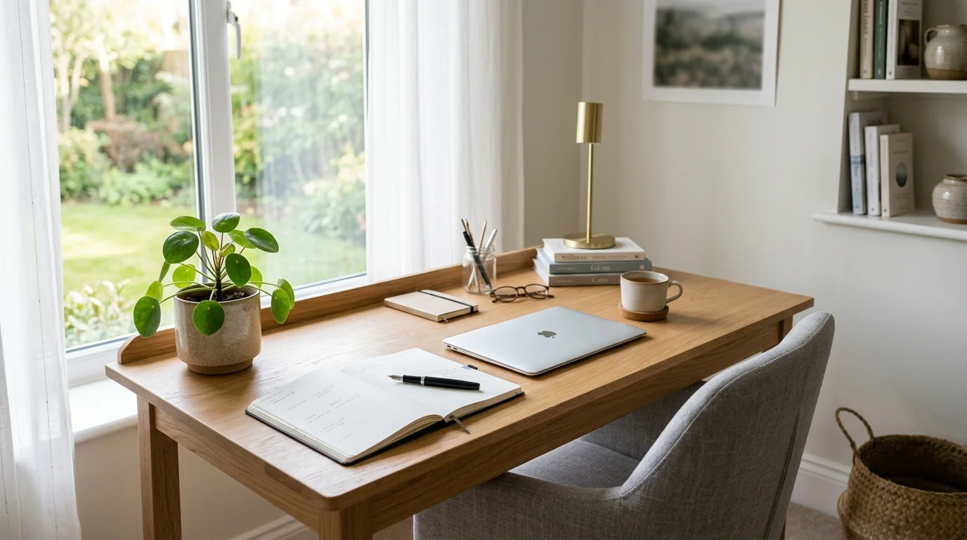 Minimalist wooden desk featuring a laptop, notebook, and potted plant next to a bright window.