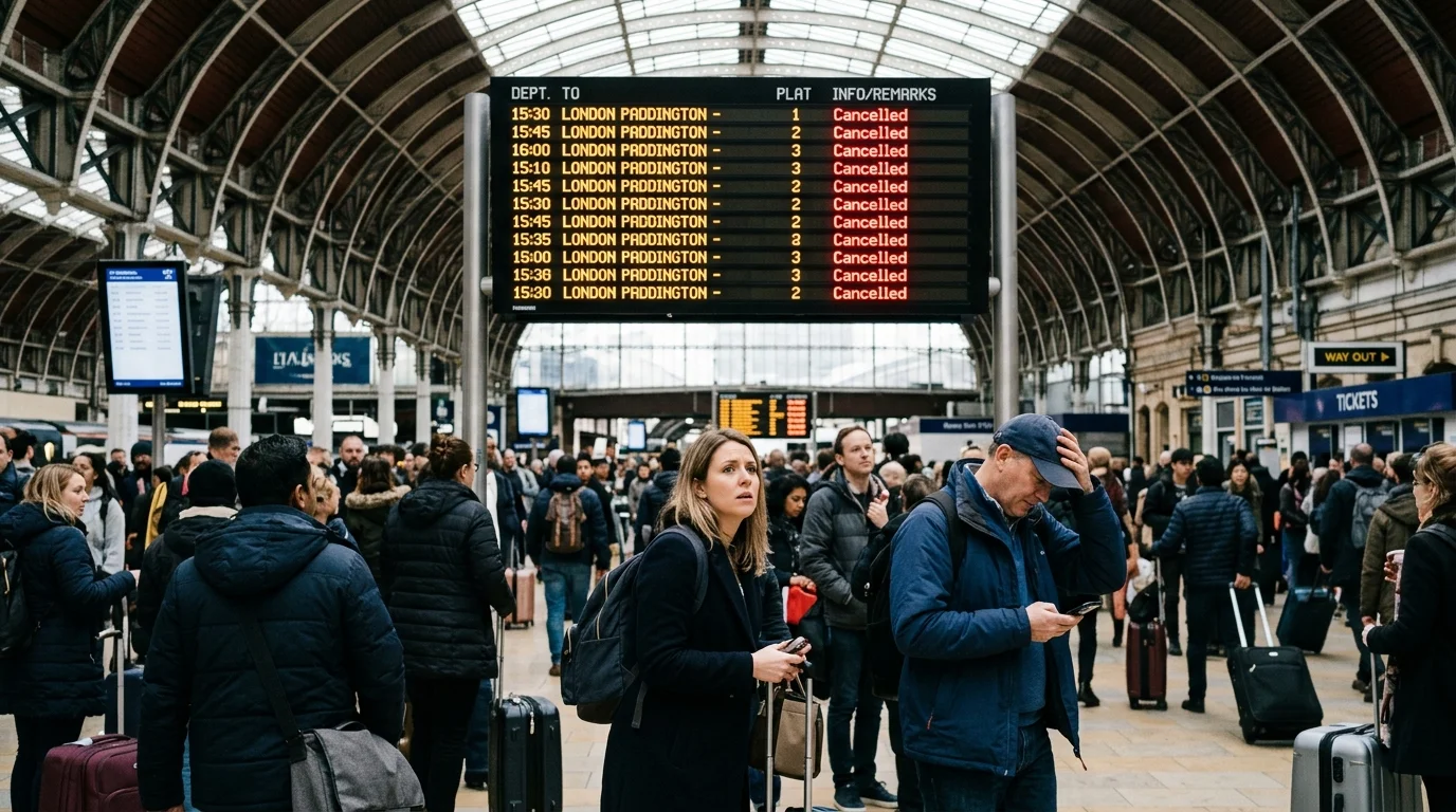 Crowded train station with a large departure board displaying multiple cancelled trains to London Paddington.