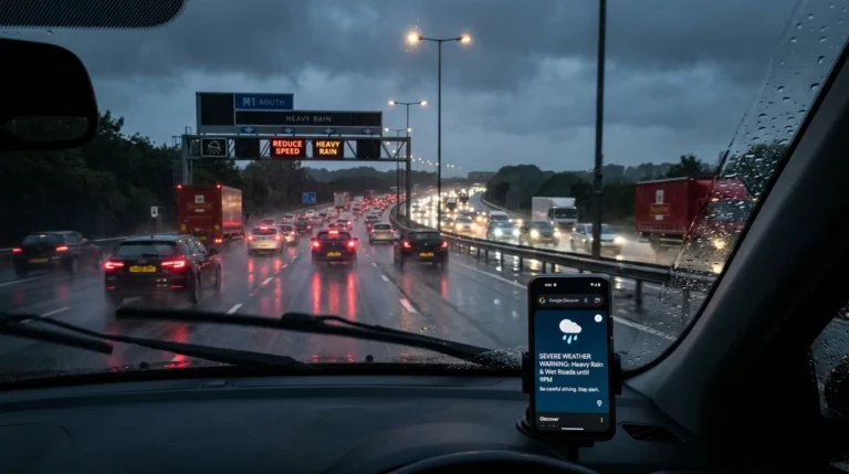 Heavy motorway traffic in the rain with electronic warning signs and a smartphone weather alert.