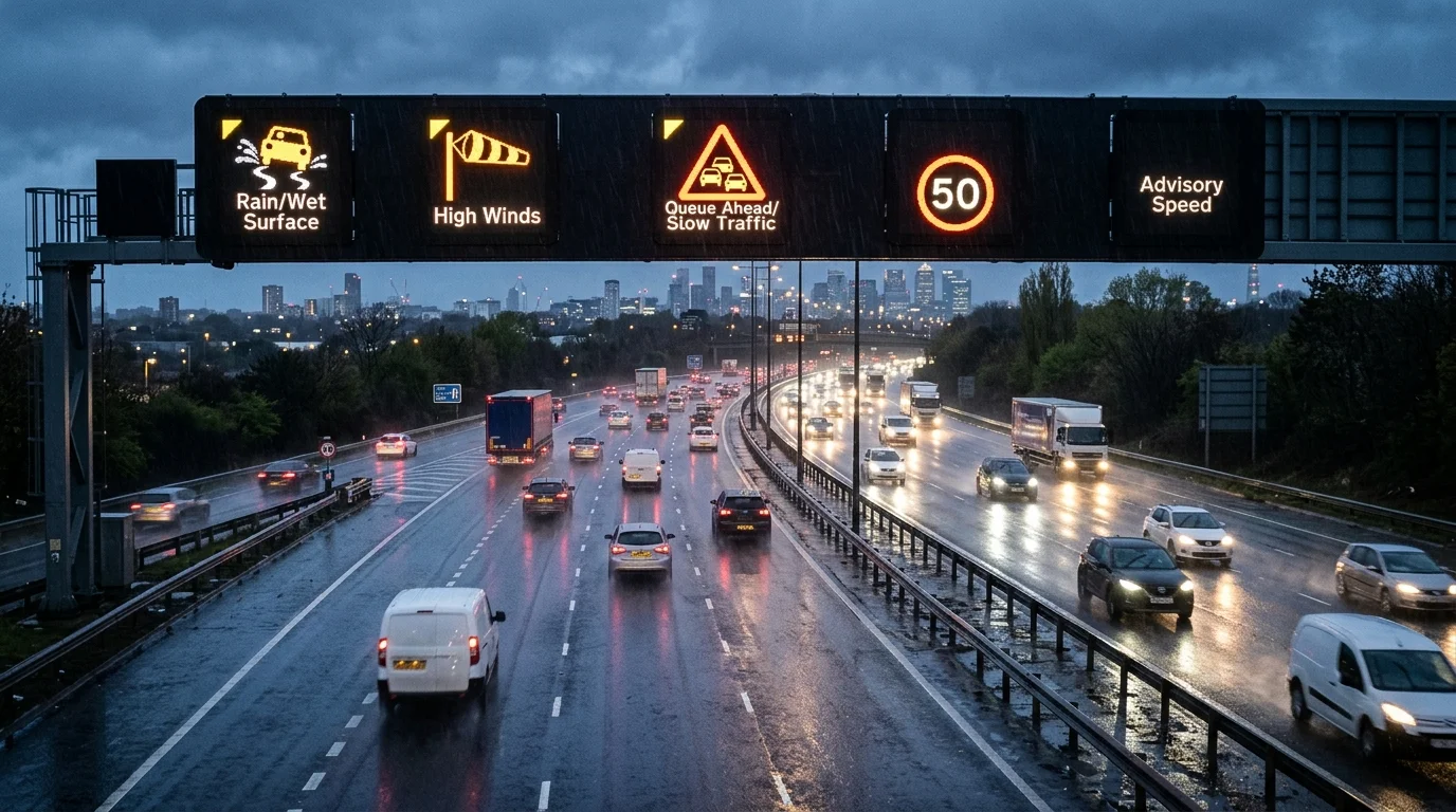 Vehicles on a wet motorway beneath digital signs warning of rain, high winds, and slow traffic.