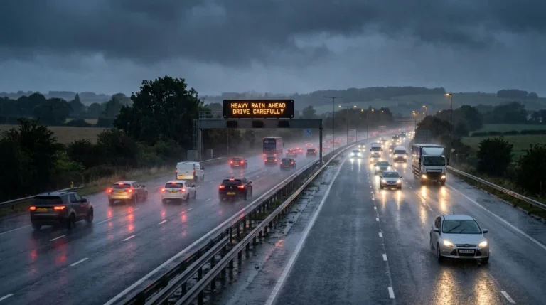 Traffic moving on a rainy highway beneath an electronic sign warning drivers to drive carefully.