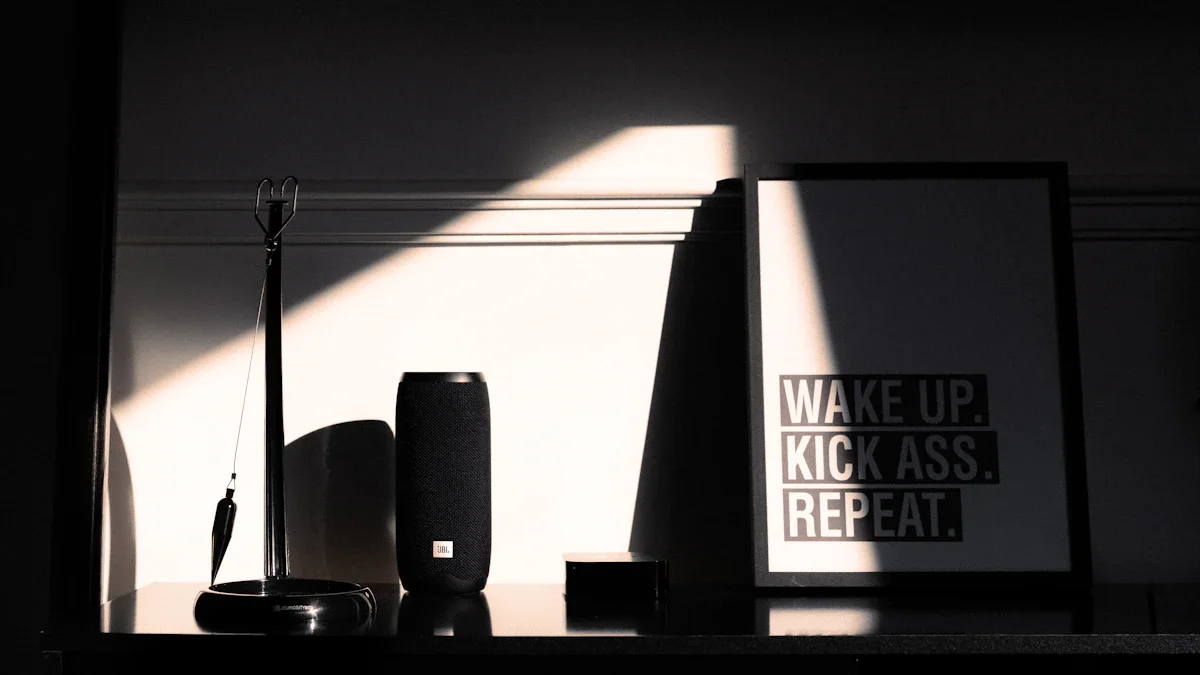 A framed 'Wake Up' poster on a shelf illuminated by a sharp beam of morning sunlight.