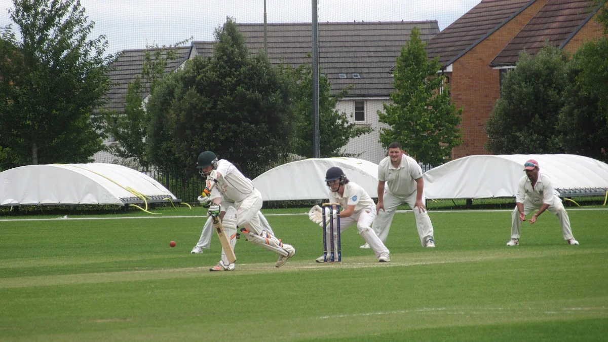 A cricket match taking place in a residential area of Leeds with housing in the background.