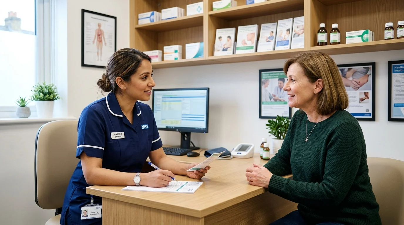 NHS nurse in blue uniform consults with a female patient at a desk in a clinic.