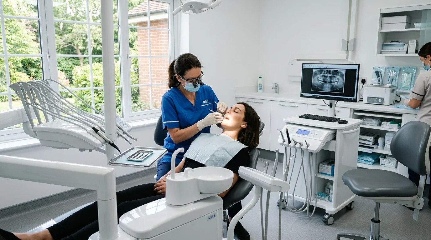 Dentist in blue scrubs examines a female patient in a bright, modern dental clinic near windows.