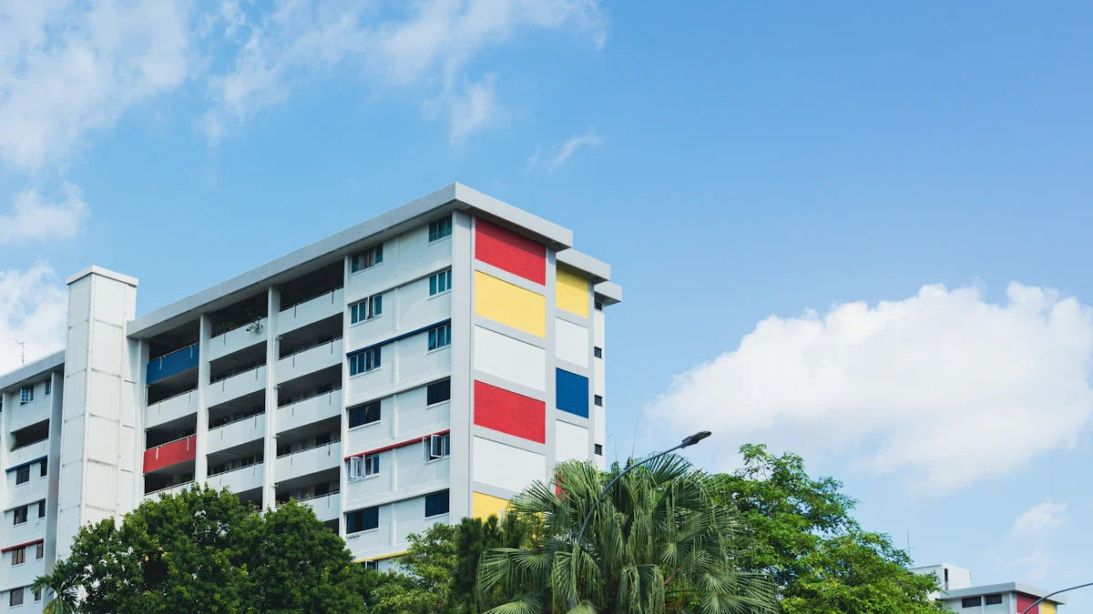 A modern high-rise social housing apartment block featuring colorful yellow, red, and blue exterior panels against a bright blue sky.