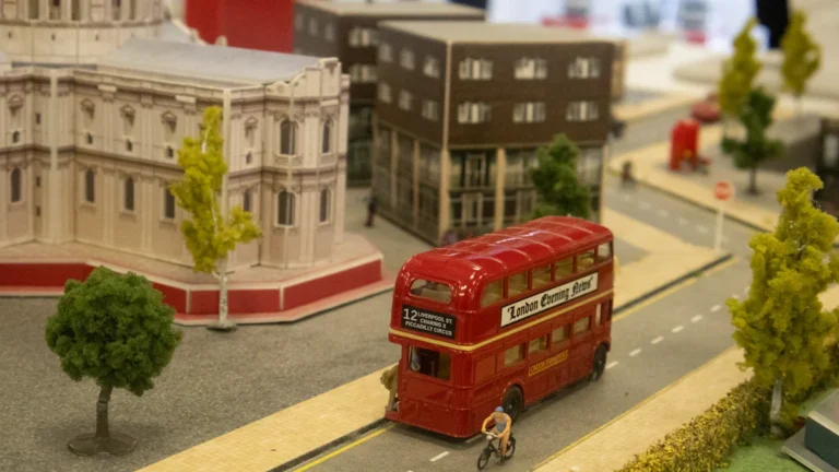 A miniature model of a UK city street featuring a classic red double-decker bus and buildings.