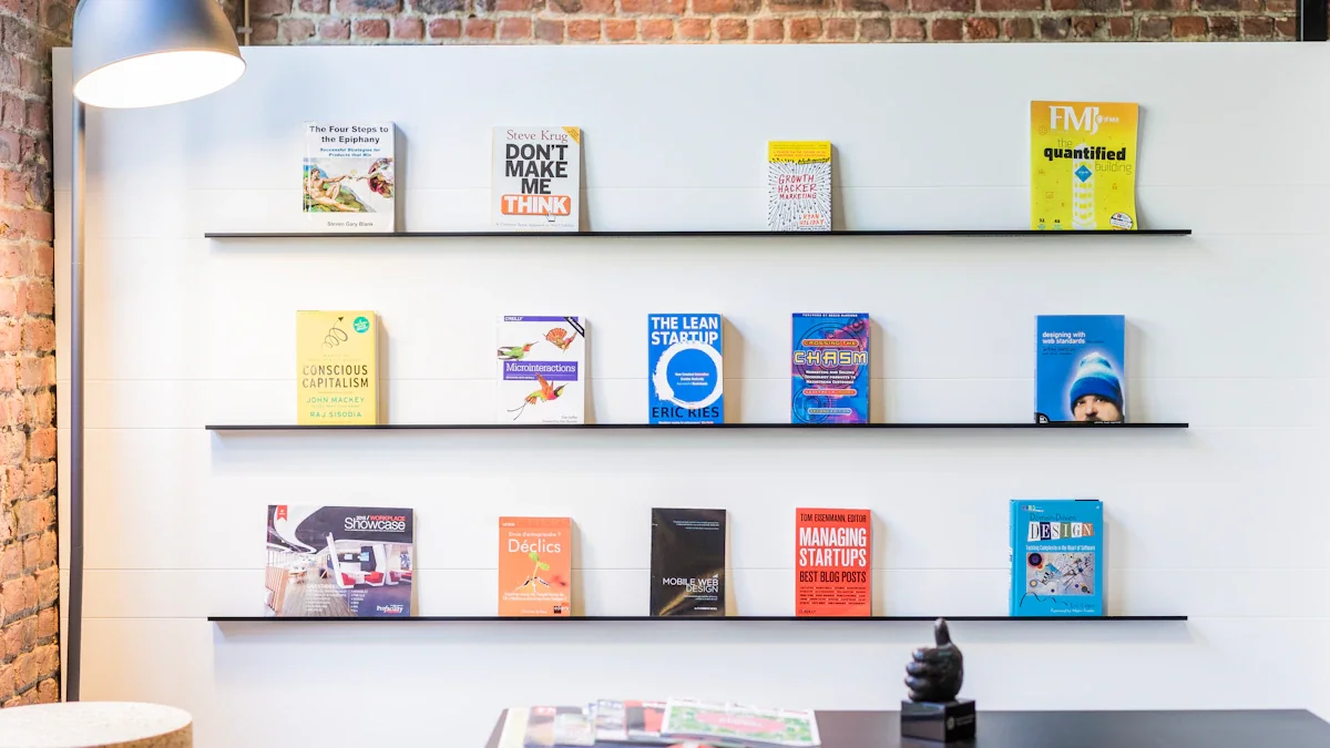 Selection of business books displayed on a clean modern library wall shelf.