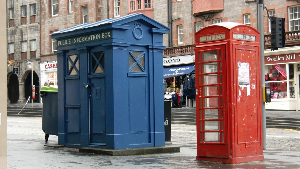 Classic red telephone box and blue police box on a British city street.