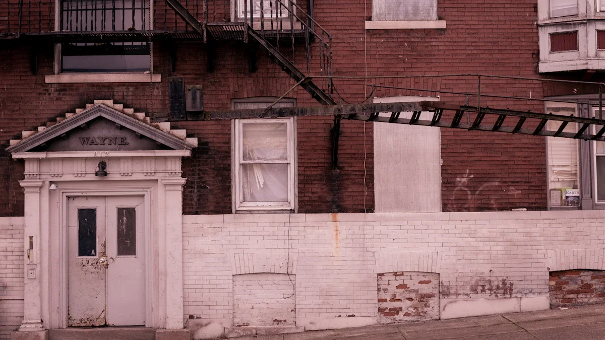 Exterior view of an old red brick apartment building with boarded-up windows and a white classical-style doorway.