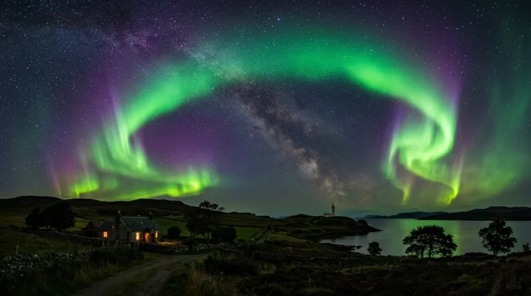 Vibrant green and purple northern lights arc over a stone cottage and lighthouse under starry skies.