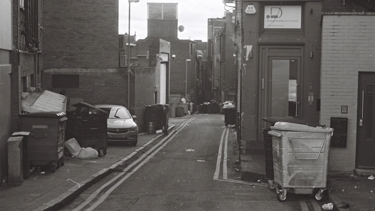 A black and white street view in Nottingham, England, capturing a local urban atmosphere.