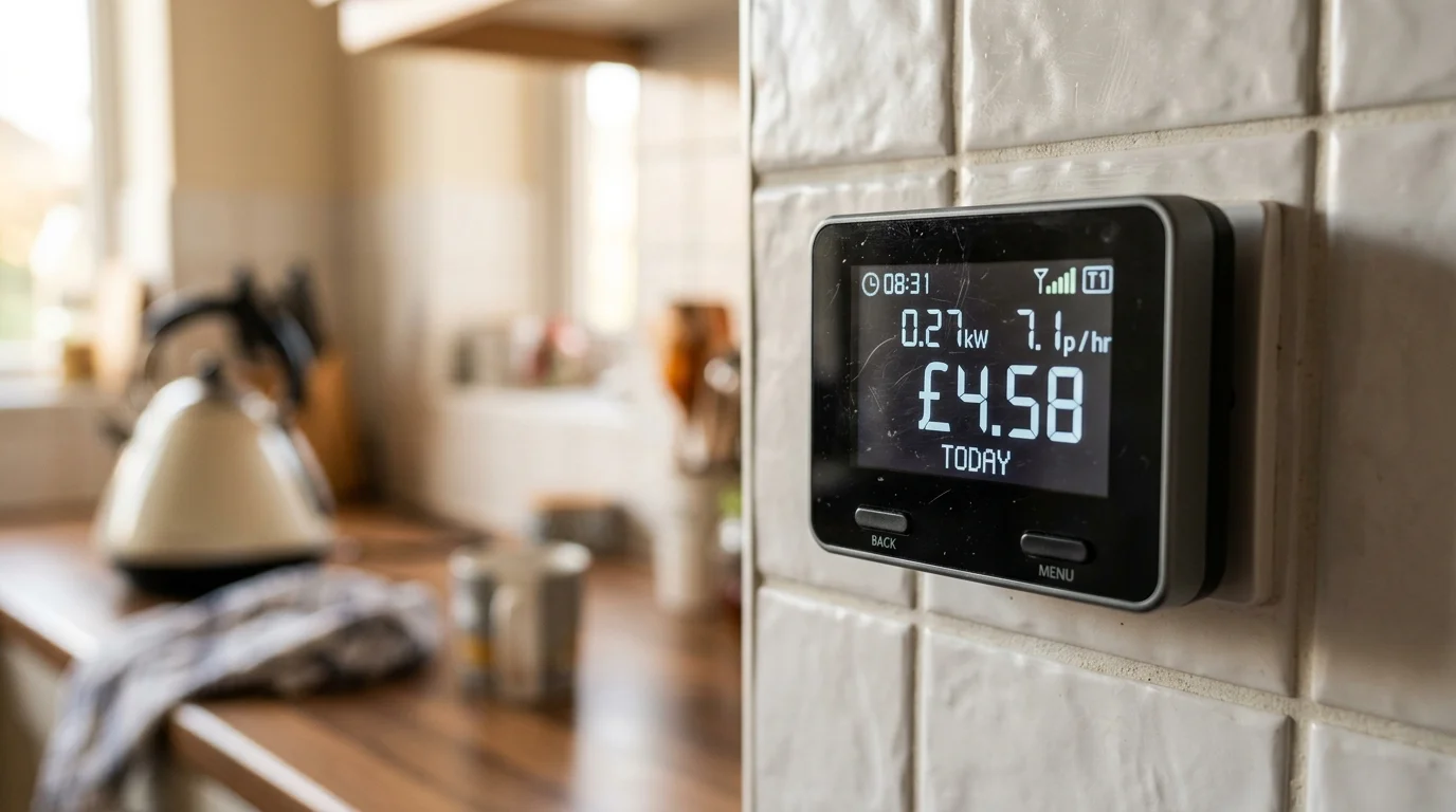 Close-up of a digital smart meter display showing current energy costs in a kitchen setting.