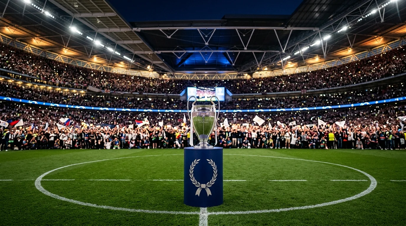 Silver UEFA Champions League trophy on a blue pedestal in a crowded football stadium at night.