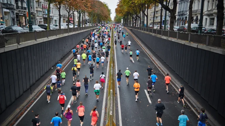 A large crowd of marathon participants running through a wide city road underpass during the day.