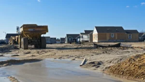A yellow earthmover at a muddy construction site with new houses under a blue sky.