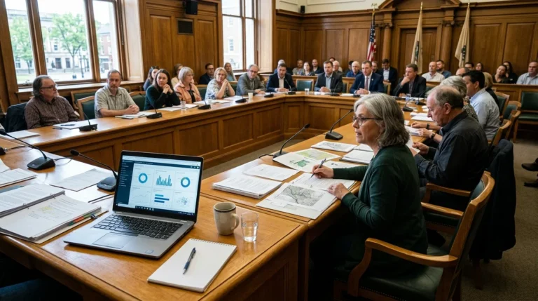 A group of people sit around a U-shaped wooden table in a formal, wood-paneled meeting room.