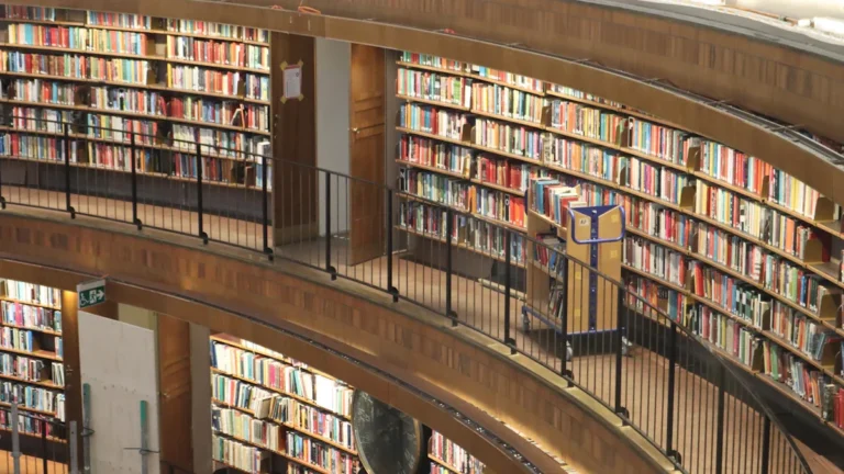 A large, multi-level public library with curved bookshelves and many books.