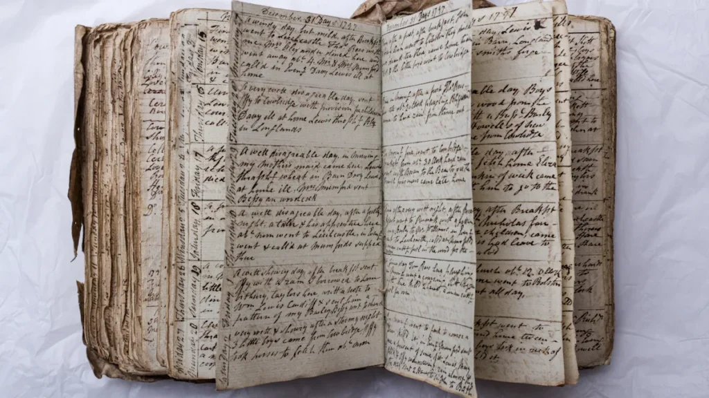 A tattered, heavily worn 19th-century handwritten diary with yellowed, frayed pages and dense cursive script.