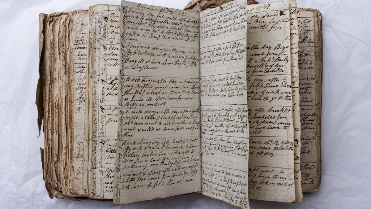 A tattered, heavily worn 19th-century handwritten diary with yellowed, frayed pages and dense cursive script.