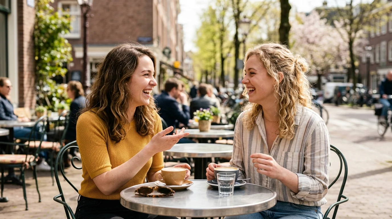 Two young women laughing and talking at a sunny outdoor cafe with coffee on their table.