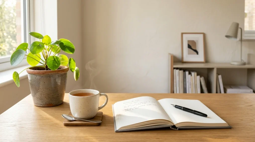 A green potted plant, steaming tea mug, and open notebook with pen on a wooden desk.