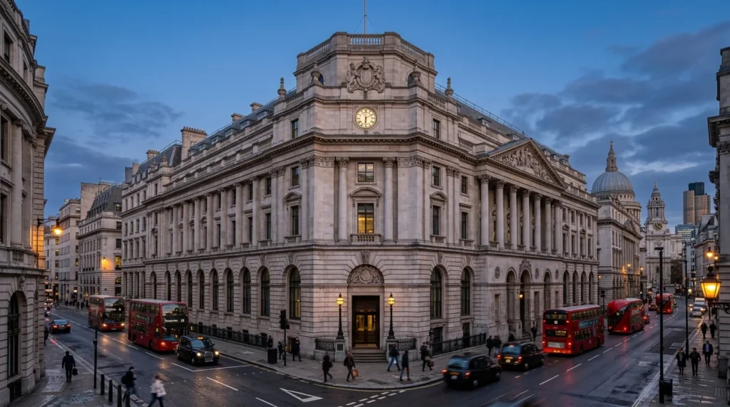 Large neoclassical building in London with a clock, red buses, and black taxis at dusk.