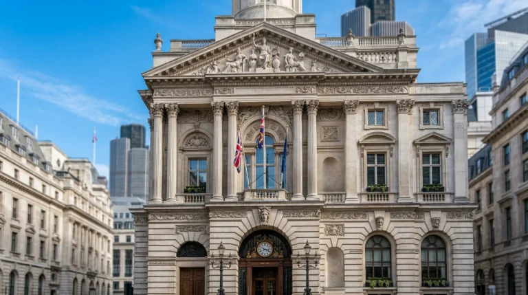 Ornate classical building with stone columns, flags, and sculptures under a clear blue city sky.