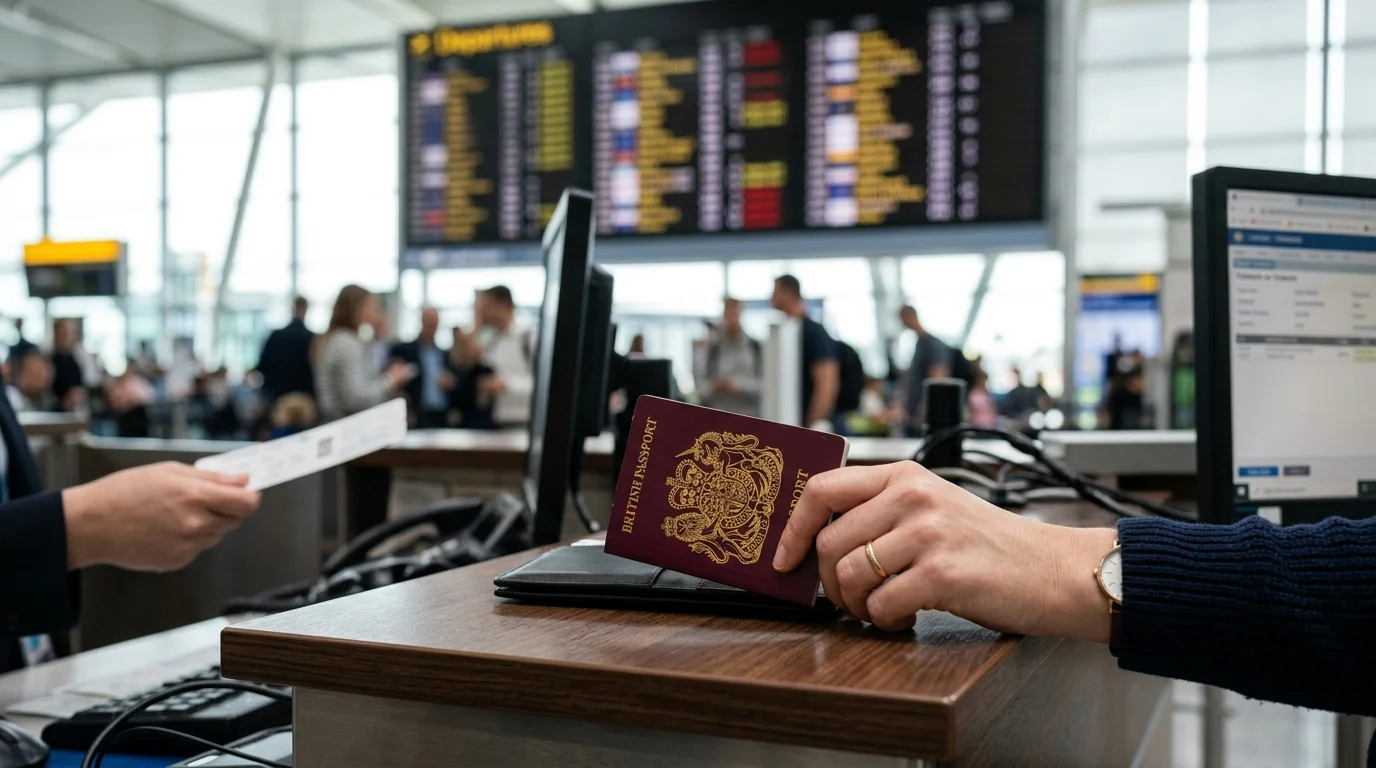 Close-up of a hand holding a British passport at an airport check-in desk.