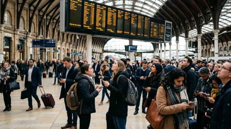 Crowded train station concourse with commuters looking at a large overhead electronic departure board.