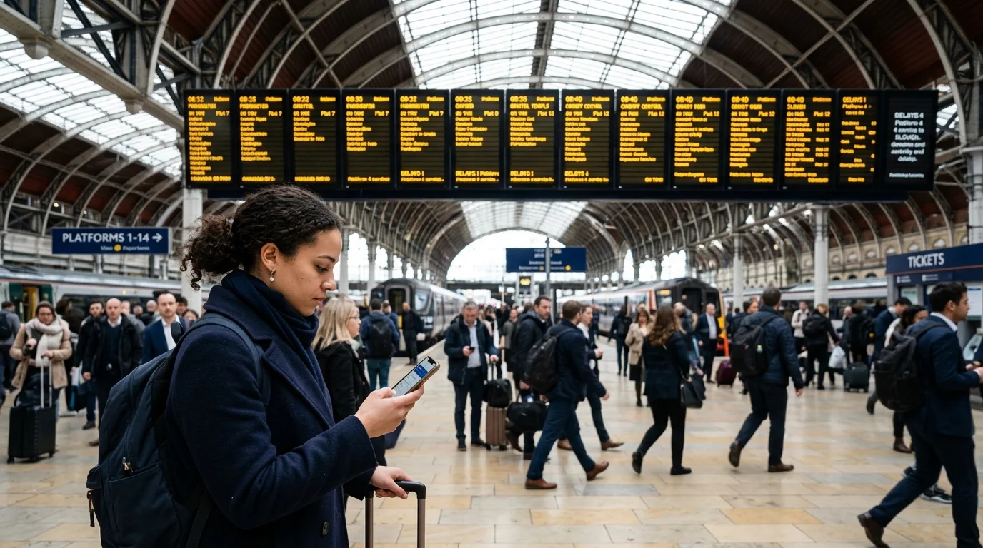 A traveler checks her phone inside a crowded train station beneath large digital departure boards.
