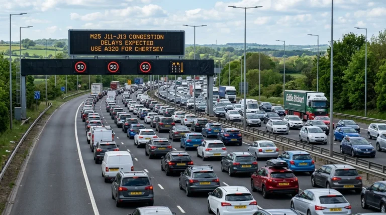 Heavy traffic on a multi-lane motorway under a digital sign warning of M25 congestion and delays.