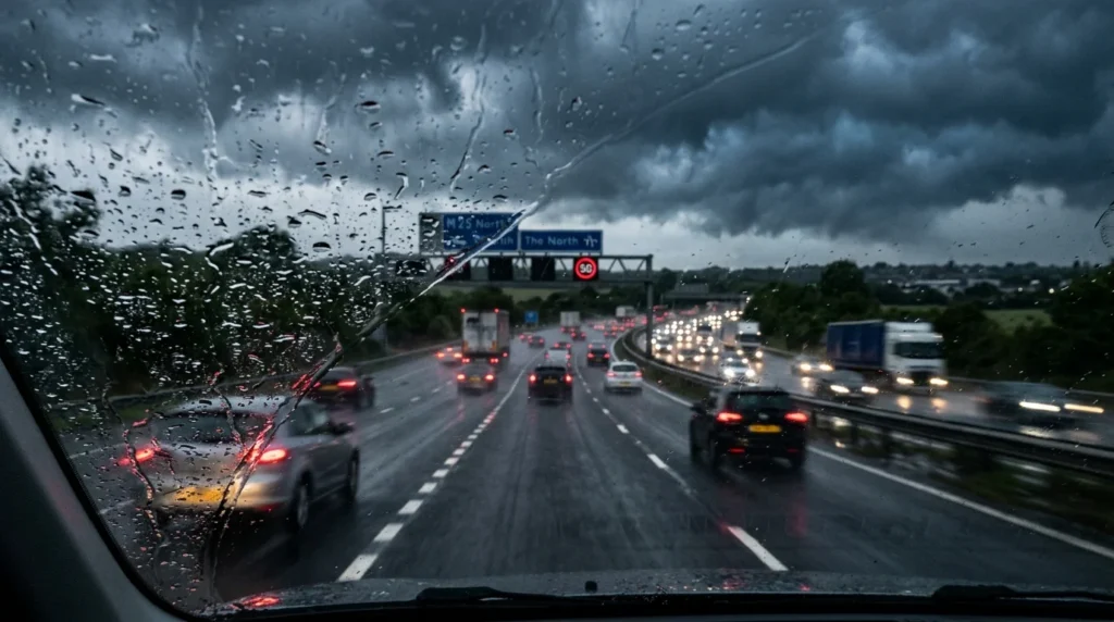 View through a rainy car windshield of heavy highway traffic under a dark, stormy sky.