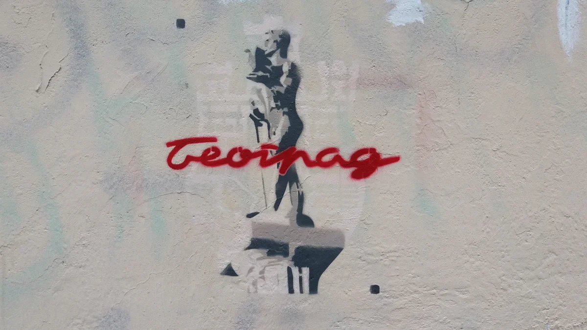 A stencil art figure on a wall with red script text reading Belgrade in Serbian.