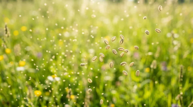 Pollen grains and seeds floating in front of a sunlit, blurred green meadow with wildflowers.