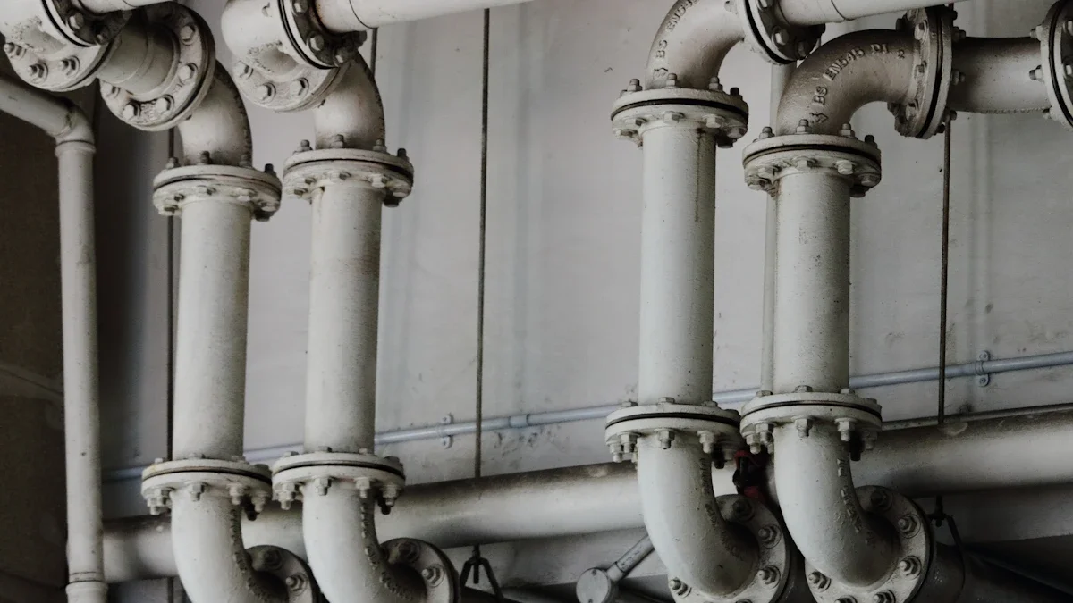 Industrial white pipes and bolted flanges representing the centralized hot water infrastructure in Vilnius.
