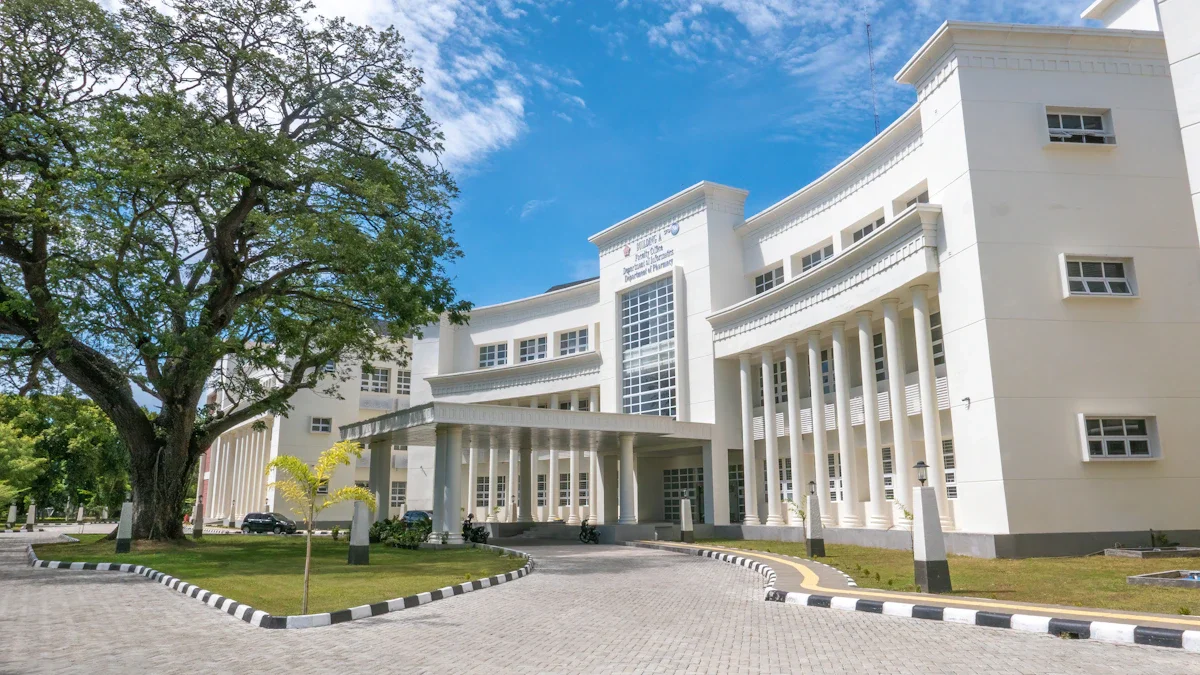 A large, modern white institutional building representing the scale of the €2.4 million school upgrade programme in Vilnius.