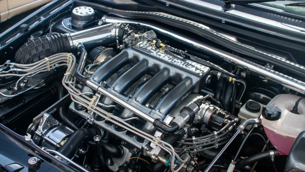 Detailed close-up of a clean Volkswagen engine bay showcasing the complex network of wires and hoses.