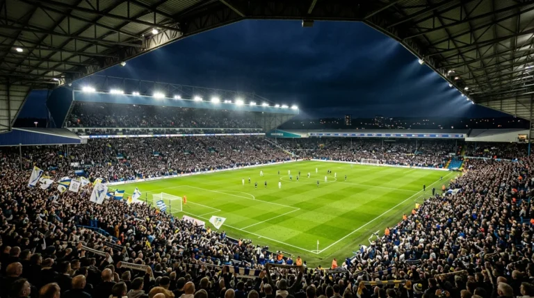 A crowded football stadium at night illuminated by bright floodlights with fans waving white flags.