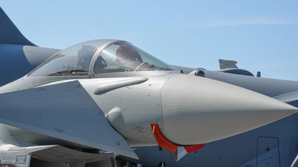 Close-up view of a Dassault Rafale fighter jet parked on a tarmac.