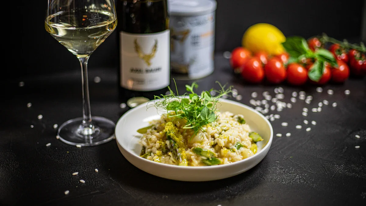A gourmet plate of asparagus and pea risotto with white wine.