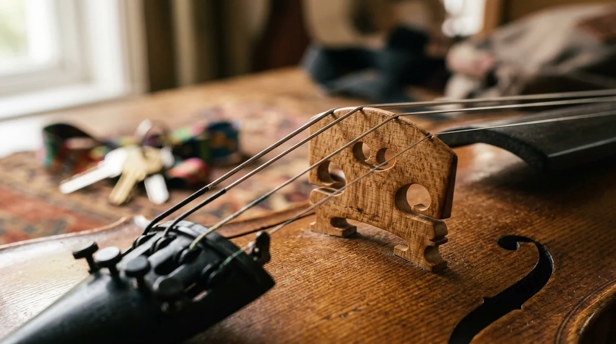 Close-up of a wooden violin bridge and strings resting on a rustic surface.
