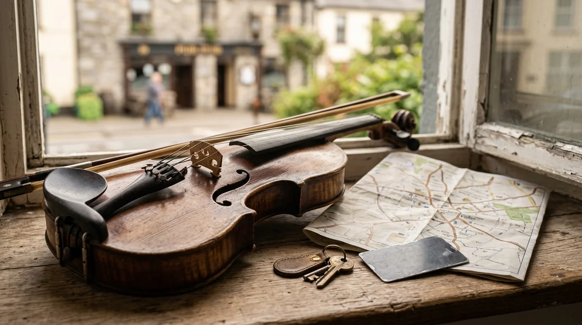 An antique violin and bow rest on a wooden windowsill beside a paper map.