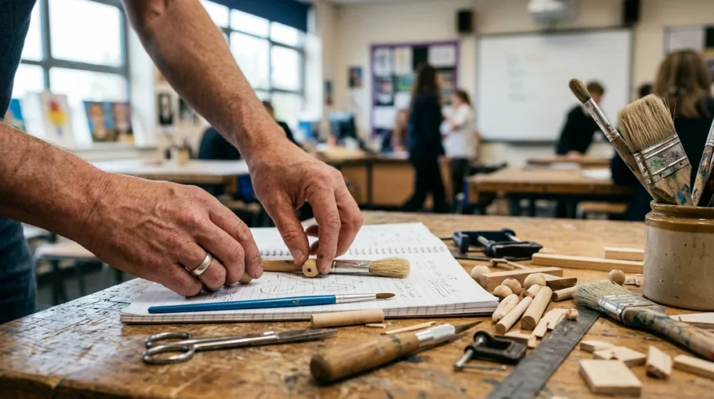 A person works on a craft project using brushes and wood in a classroom.
