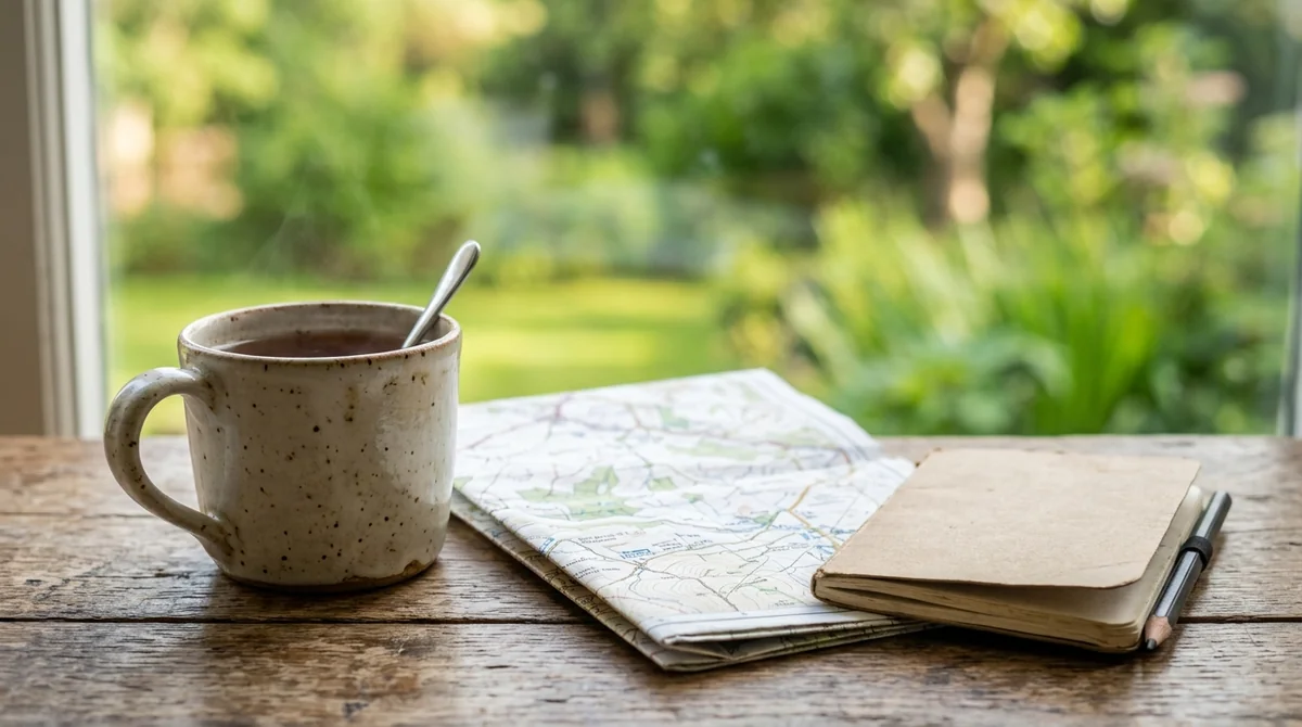 A steaming mug, a paper map, and a notebook on a rustic wooden table.