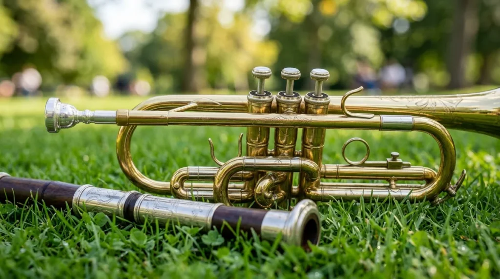 A brass trumpet and a wooden flute resting on green grass in a park.