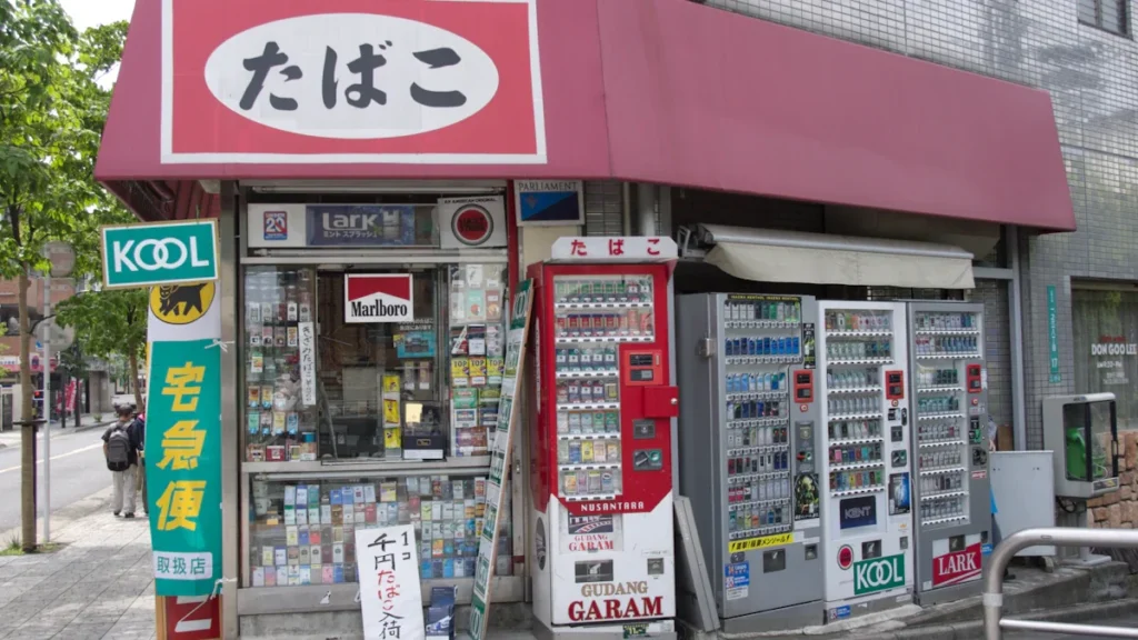 A small neighborhood convenience store with cigarette vending machines outside on a street.