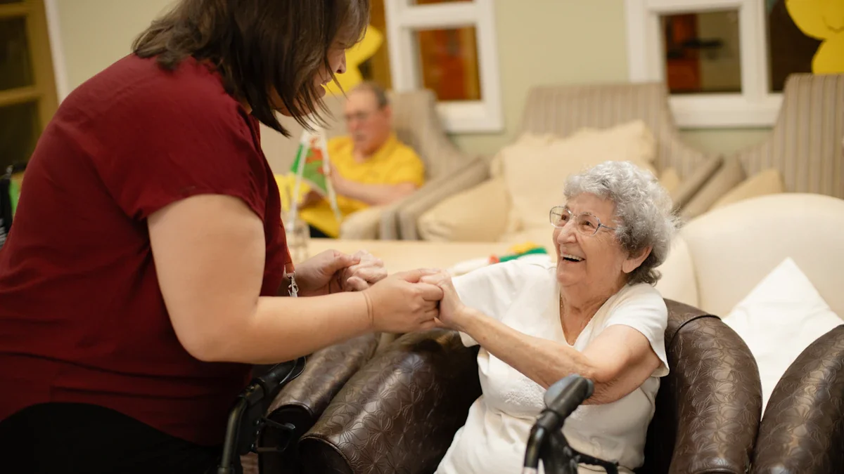 Caregiver providing friendly assistance to an elderly woman in a community setting.